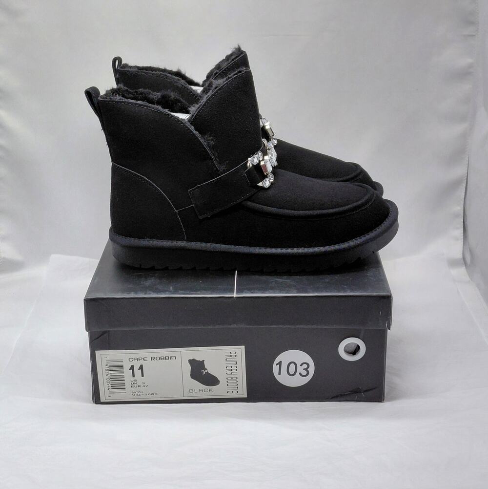 Cape Robbin Womens Ankle Boots Size 11 Black Faux Fur Lined Rhinestone Winter